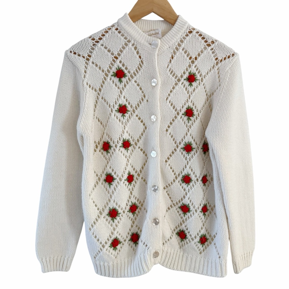 Grandma Sweater Hand Embroidered Vintage Cardigan Ivory Red Roses Romantic Chic
